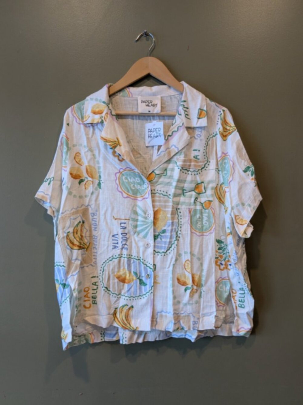 NWT Paper Heart Linen Shirt Womens Medium M Lemon Coastal Grandma Tomato Girl